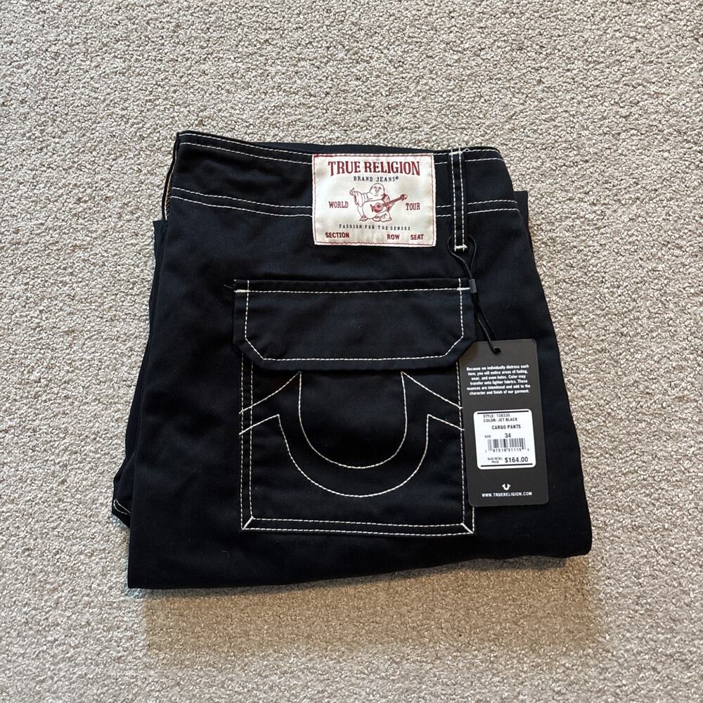 True Religion Men's Cargo Pants Jet Black White Stitching Size 34 Flap Pockets